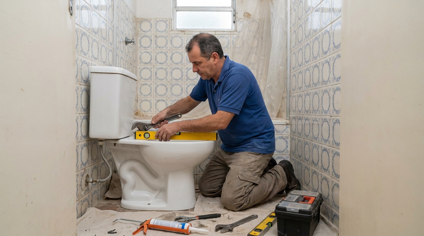 Técnico instalando vaso sanitário em Gravataí‑RS